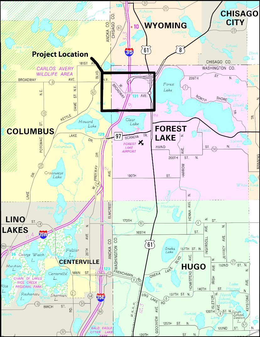 Figure 1. Illustration. I-35/CSAH 2 study area. Model Size The model consists of approximately 18 mi of freeway mainline, two local access interchanges, and one regional access interchange.