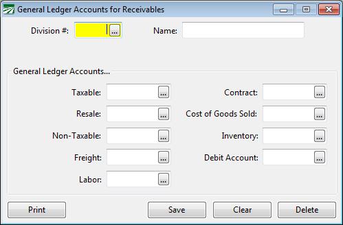 General Ledger Accounts for Receivables This option is used to set up divisions, which tell the program what accounts income from invoices is to be posted to.