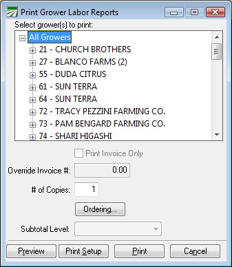 Select grower(s) to print: When you first open the Grower Labor Reports window, it show "All Growers" at the top with a plus sign to the left.