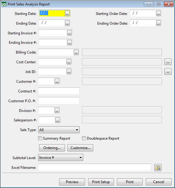 Sales Analysis Report The Sales Analysis Report can be used to get a variety of reports. Several options are available for selecting the data that will be included on the report.