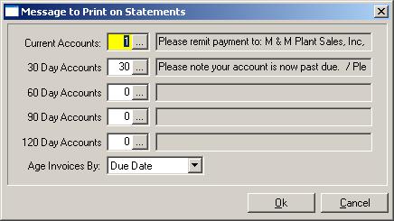 The messages will be defined according to the aging columns you have set up in the Program Setup. Enter the message number you want to print for each aging column, then click on the Ok button.