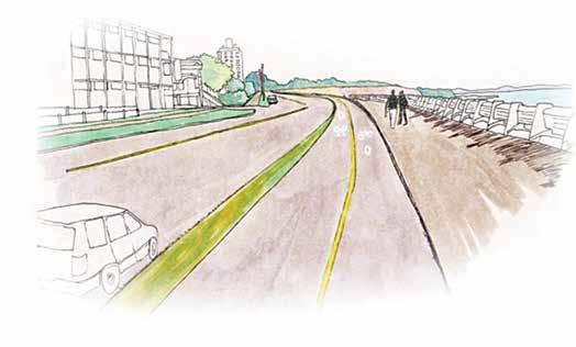 CLOVER CONVEYANCE PIPE & CITY OF VICTORIA BIKE PATH >> Artist rendering of bike path along Dallas Road (Looking East). >> Artist rendering of bike path along Dallas Road (Looking West).