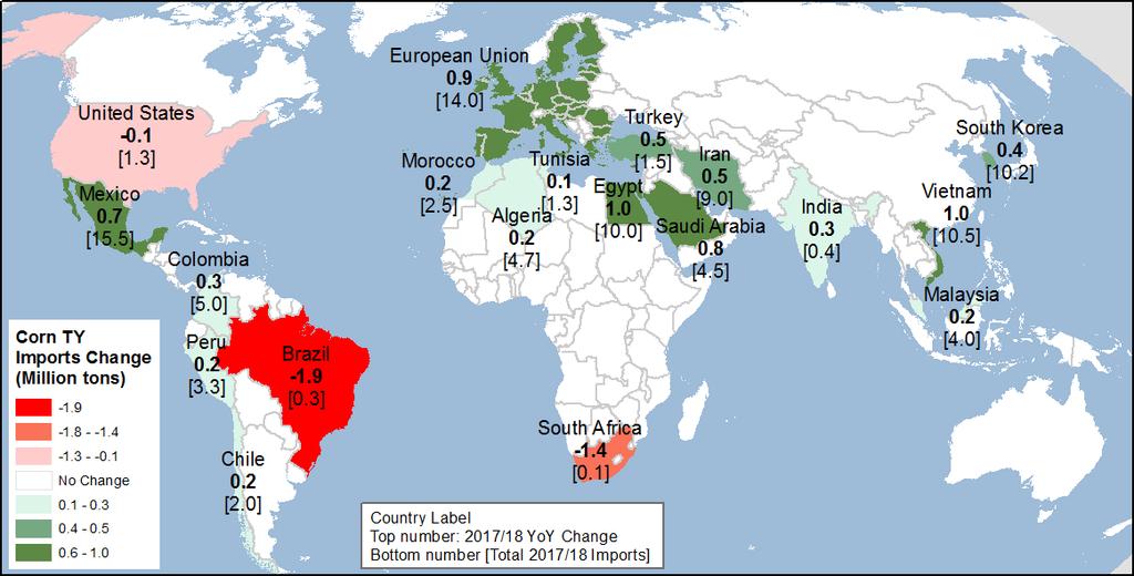 EU coarse grain stocks are projected down 1.0 million tons to 12.5 million. Ending stocks are projected 1.6 million tons lower in the FSU, and up slightly in Brazil.