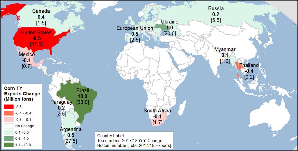 Map 3: Major changes in corn exports for 2017/18 Source: USDA, Foreign