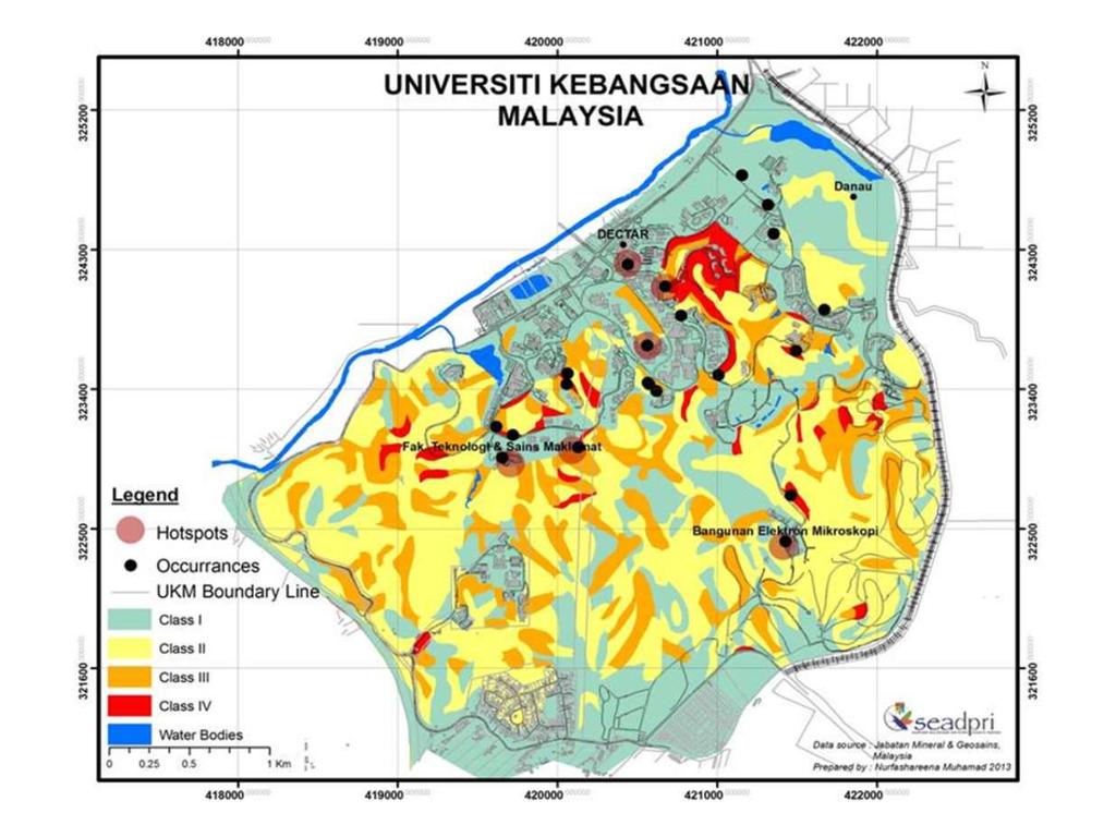 Landslides locations, built up areas and geological terrain in UKM Local Perspective Colours