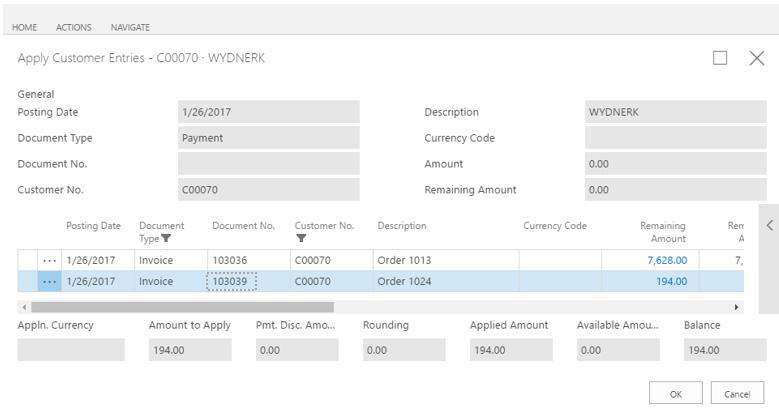 To indicate that this cash payment was connected to an invoice, click on the empty cell in the Applies-to Doc. Type column and select Invoice. 11. Click on the empty cell in the Applies-to Doc. No.