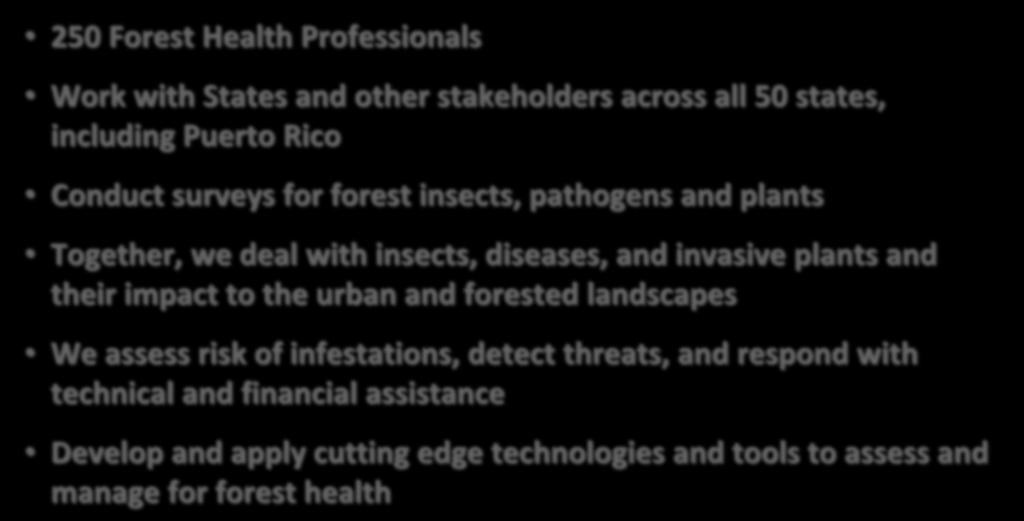 Forest Health Protection Outline -> Forest Service -> Fire -> FHP Program -> Updates -> Done 250 Forest Health Professionals Work with States and other stakeholders across all 50 states, including
