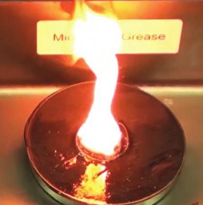 Unlike hydraulic fluid, there is no standardized test available to determine the fire-resistance of a grease.