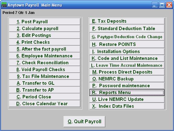 Payroll Main Menu This is the Payroll Module s Main Menu. The Payroll Module is used to The following is a brief summary of what each Menu Item is used for. 1.