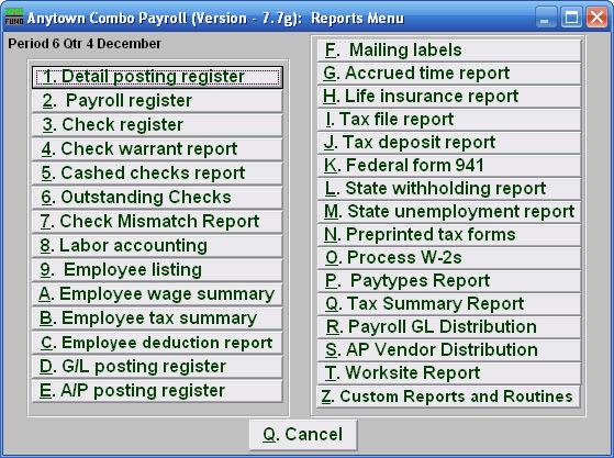 Payroll Reports Menu This is the Payroll Module Reports Menu. The following is a brief summary of what each Report does, and what they are used for. 1.