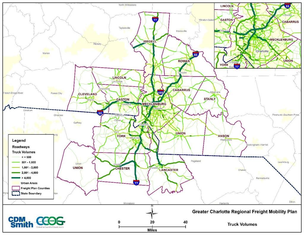 Truck Volumes The interstates carry the bulk of the region s daily truck traffic. I-85 and I-77 constitute the critical freight corridors throughout the region.
