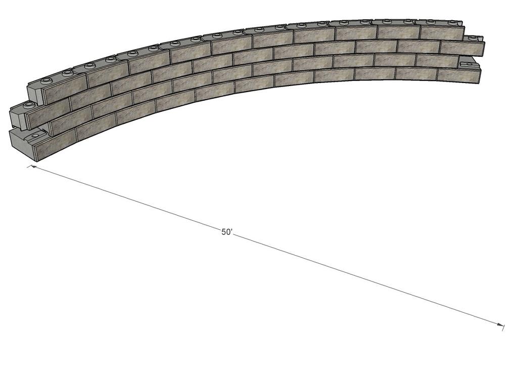 Curved Walls Guardrail Block When constructing a traffic barrier along a curved wall, using ReCon s Guardrail block, block alignment is critical.