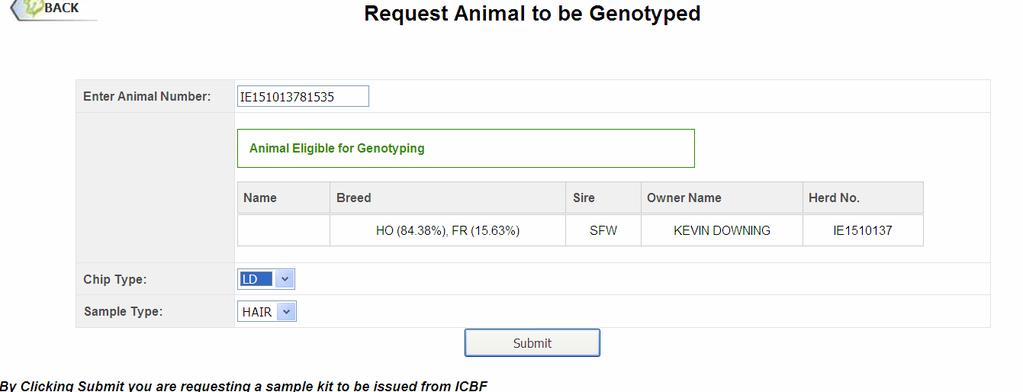 AI Company Genotype Request Screen Enter animal number to validate tag choose chip type and