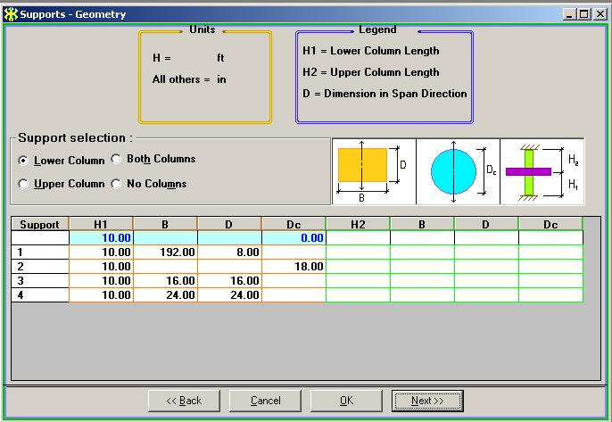 inches (203 mm). For other supports, enter the given column dimensions as shown in Fig. 1.1-13. FIGURE 1.1-13 Click Next on the bottom line to open the next input screen, Supports Boundary conditions.
