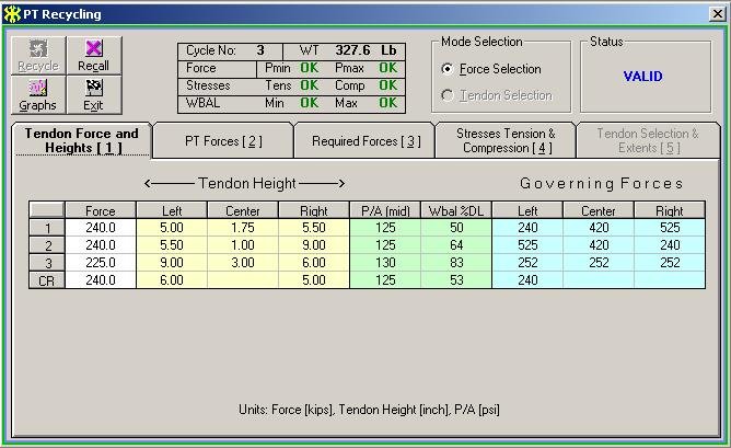 FIGURE 1.3-3 You can check the final stresses either by clicking Stresses Tension & Compression [4] tab in the PT Recycling window (Fig.1.3-3) or by clicking Graphs at the top left of the screen.