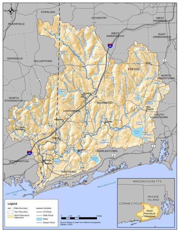 Wood-Pawcatuck Watershed 300 mi 2 in RI & CT Major portions of 11 municipalities Drains to Little
