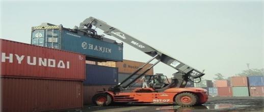 handling equipment such as: Reach Stacker: A reach stacker is a type of handling equipment with a telescopic boom and top-lift accessory used for lifting and stacking containers.