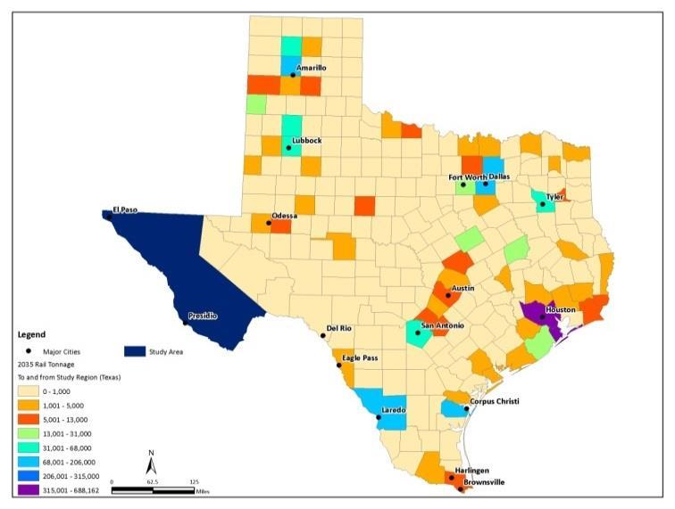 Figure 6: 2008 and 2035 Rail Movements within Texas To and From the Study Region 2008 2035 As noted in the Texas A&M Transportation Institute s (TTI) Potential Impacts of Mexico s Energy Reform on