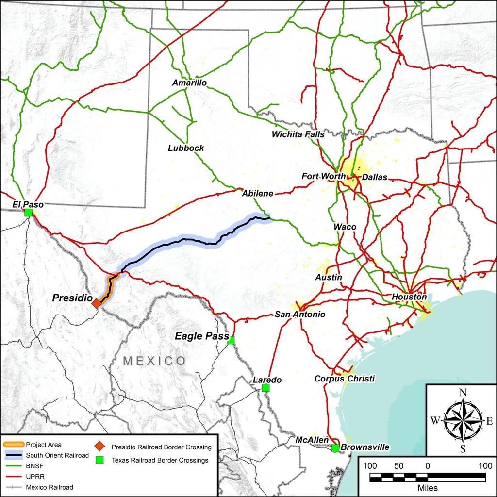 Figure 3: Regional Railroad Network The proposed project includes the reconstruction of the Presidio-Ojinaga International Rail Bridge and the rehabilitation of approximately 72 miles of railroad