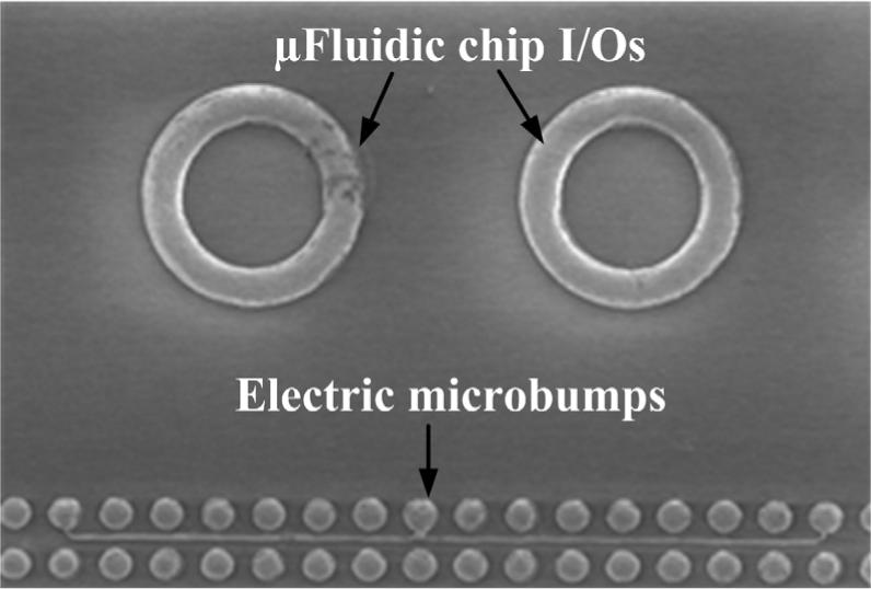 SEM of solder microfluidic chip I/Os and electric microbumps.