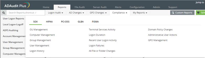 Figure 1. Log360 provides detailed reports that cover all key compliance regulations. As you can see in Figure 1, Log360 supports all of the key compliance regulations.