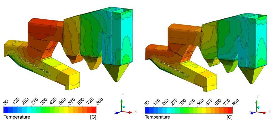 Figure 10. Temperatures on walls for without buoyancy effects (left) and with buoyancy effects (right). Figure 11: Melted slag on refractory walls. 5.