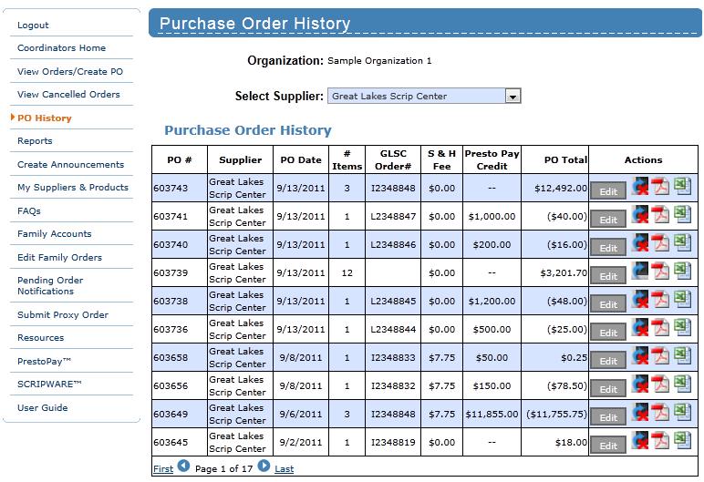 Purchase Order History Choose PO History on the left side of the Coordinators Home page to view and print purchase orders you have generated in the past.