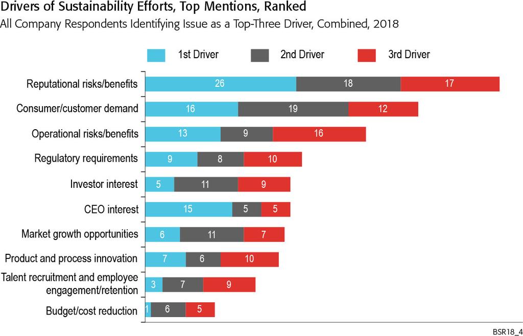 Reputation remains the most powerful driver of sustainability efforts, followed by consumer/customer demand and operational risk.