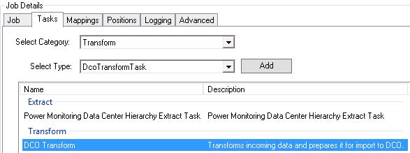 In the Select Category list click Transform. 9. In the Select Type list click DcoTransformTask and click Add. The transform task name and description appear under the Transform heading: 10.