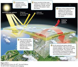 The greenhouse effect. When the high-energy radiation from the Sun strikes the atmosphere, about one-third is reflected from the atmosphere, clouds, and the surface of the planet.