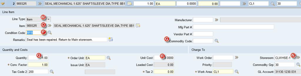 Repair a Repairable Spare - External 2. Inventory Tech creates purchase requisition for vendor repair services and the return of the repairable spare to the main store. l) Click New Row.