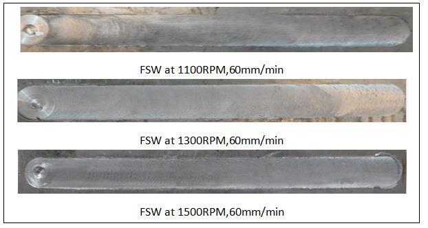 All welding lines of FSW and FSP are success by Visual inspection because of no defect or flash is found in plates and selection of rotation and welding (Feed) speed to reach the good