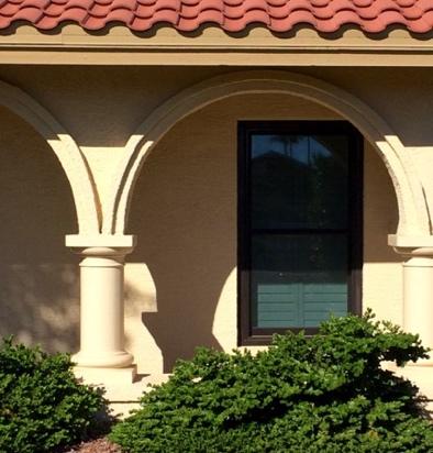 Stucco Details: Decorative stucco trim and horizontal banding is often