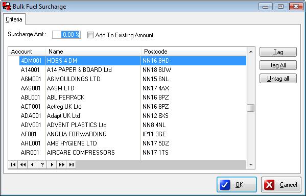 Export FOR ZiPZAP COMPUTERS LTD USE ONLY. Fuel Sur Bulk Fuel Surcharge This option allows you to tag as many accounts as you wish and apply the same surcharge percentage against them.