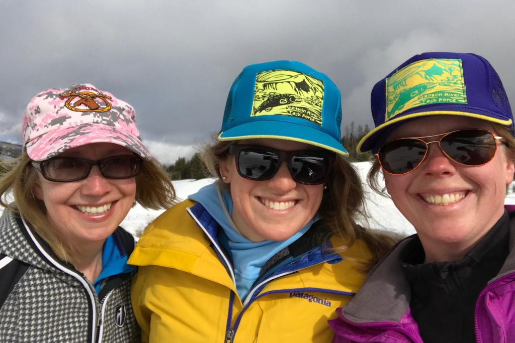 JeNelle Johnson, Stephanie Lynn, and Andrea Saari enjoying a sunny ski to monitor baseline conditions at the Big Horn site in Yellowstone National Park.
