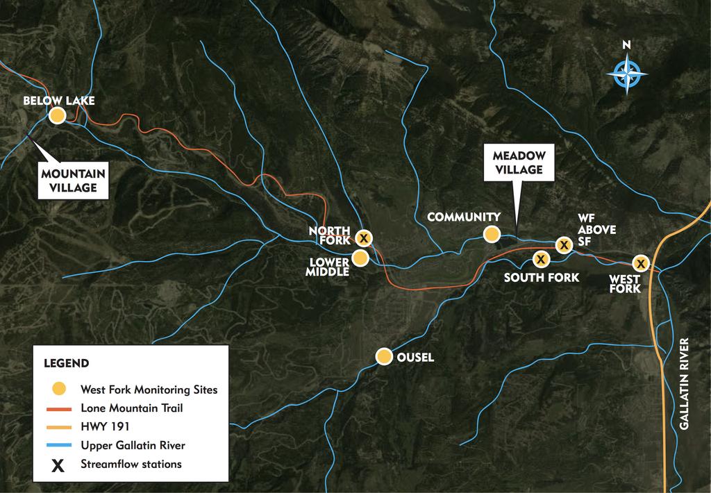 Figure 2: The Gallatin River Task Force monitors eight sites for water quality (yellow circles) four