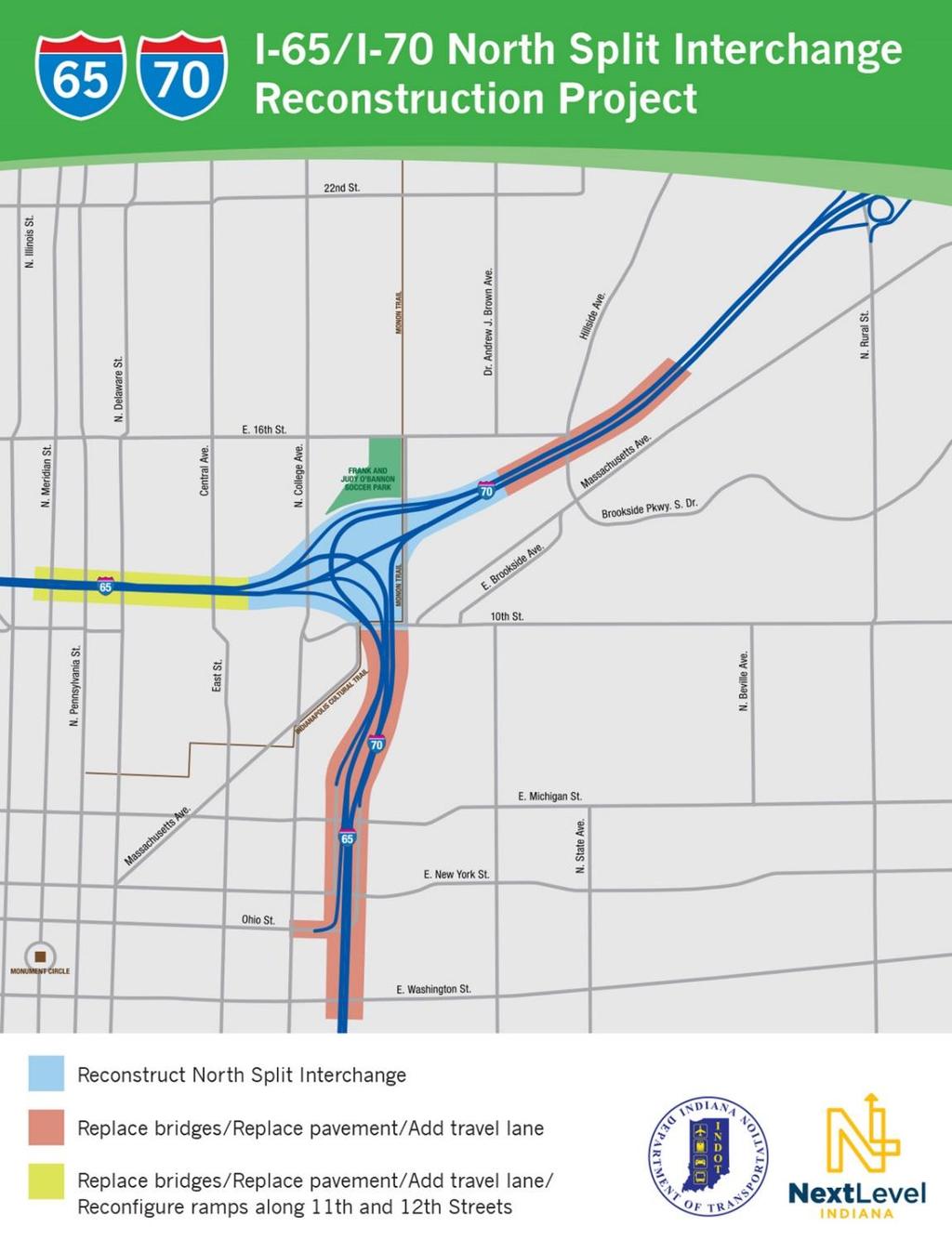 Project Limits One mile of I-65/I-70, from the North Split to the Washington Street interchange (northern and southern limits) Along I-65 from
