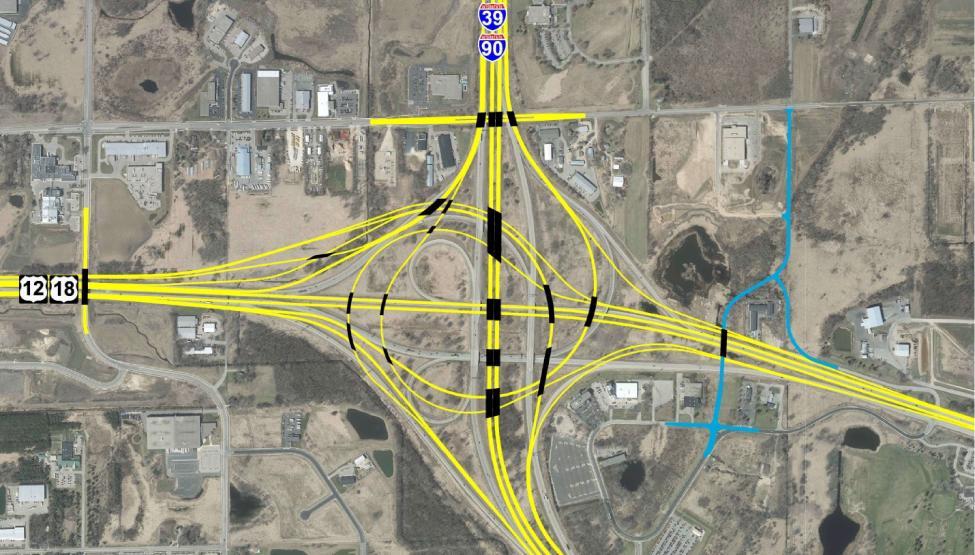 Alternative A-1 (Semi-Directional Interchange): This alternative is similar to the preferred alternative identified in the 2010 EA/FONSI for the I-39/90 corridor (see Section 4.