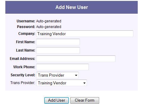 com Trans Provider- The general level of access. Can perform all functions with the exception of adding and deleting users. Trans Provider Low- Will only be able to view and print roster.