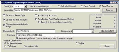 Budget Import Budget Initialization (GL/INBD) Using Budget Initialization you can Create your Budget from another Fiscal Year s Budget or Actual Dollars spent.