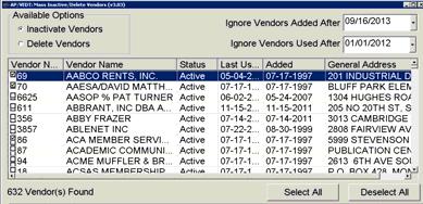 Option First May have to run multiple times Will not delete vendors that have any activity on any document Mass Change GL Accounts May not appear