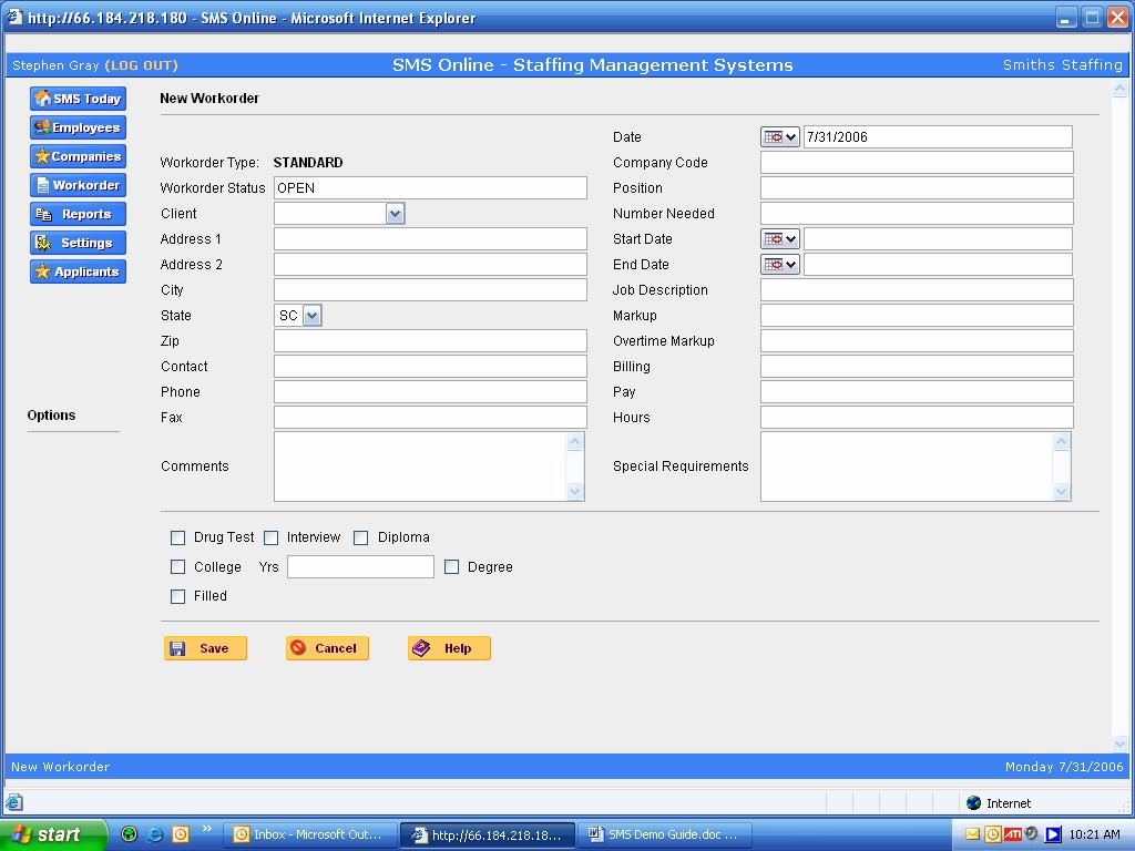 New Workorder: To create a new workorder, click on New WO from the