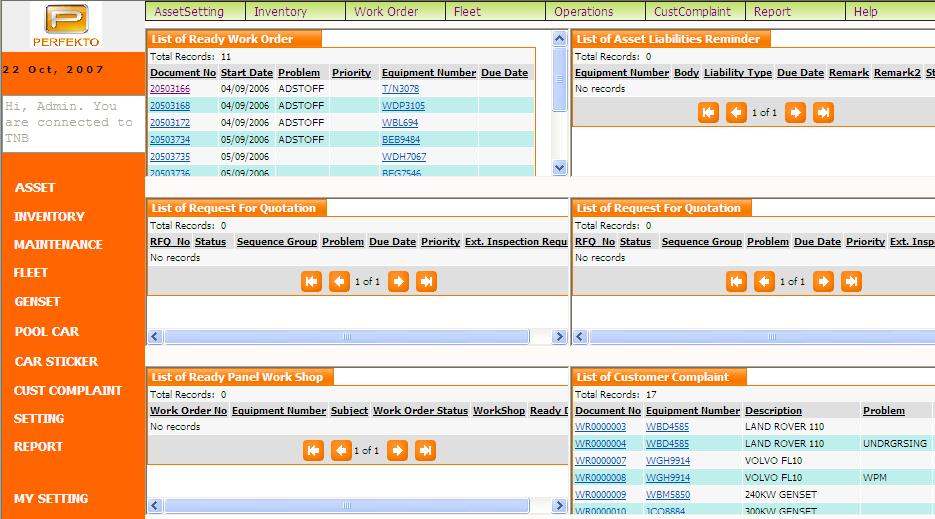 Facility & Fleet Management Software CHAPTER 4: My Page CHAPTER 3: My Page My Page is the first screen after login to PERFEKTO. The My Page shows all relevant reminders related to the User Login.
