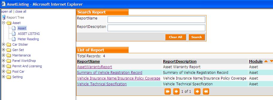 Facility & Fleet Management Software CHAPTER 12: Reports Report Overview 1. Report Modules: Select the Module to list all Reports within one Module 2.