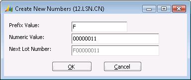 162 Work Order Create New Numbers (12.LSN.CN) This subscreen sets the prefix and numeric value and then auto-assigns them for lot or serial assignment based on these settings.