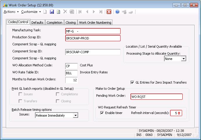 Setup Screens 171 Work Order Setup (12.950.00) Use Work Order Setup (12.950.00) to configure the Work Order module to provide default values in ways that reflect your company s work processes.