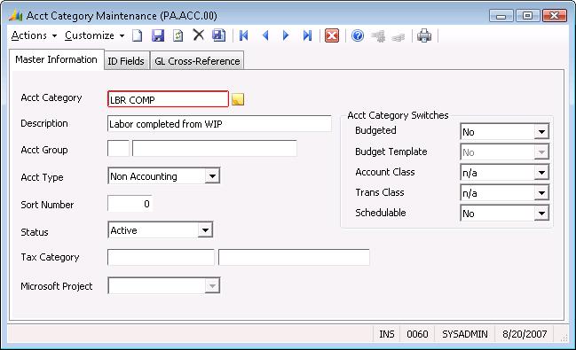 32 Work Order 2. Create the corresponding completion account category using the Master Information tab in Acct Category Maintenance (PC.ACC.00).