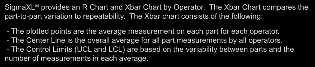 SigmaXL Graphic Output Cheat Sheet SigmaXL provides an R Chart and Xbar Chart by Operator. The Xbar Chart compares the part-to-part variation to repeatability.