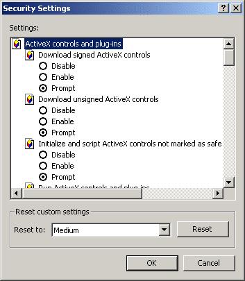 5. On the option Download unsigned ActiveX controls, click Prompt.