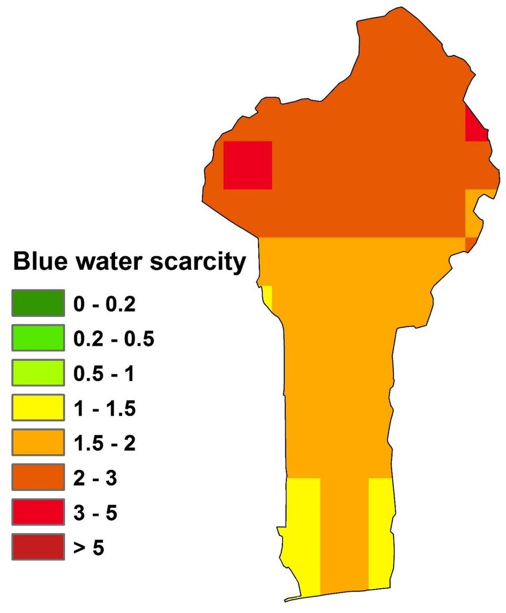 Source: Mekonnen and Hoekstra (2016) Benin faces moderate (yellow) to significant (orange) and severe (red) levels of annual average blue water scarcity.